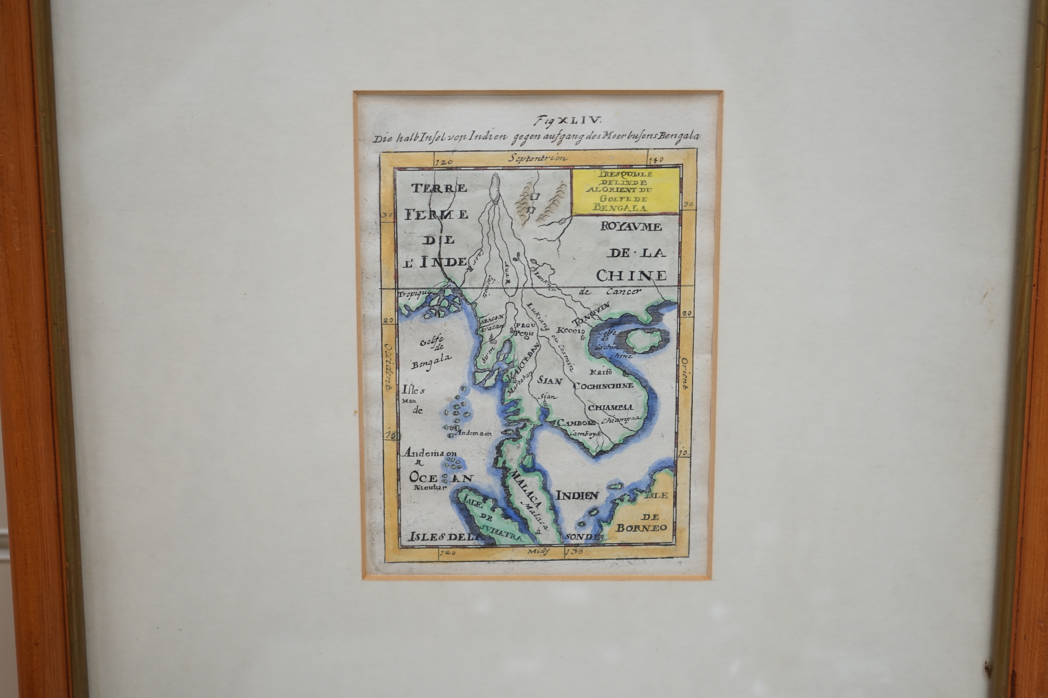 Alain Mallet (17th. C) hand coloured map, Indochina Golfe De Bengala together with three other antique maps Including India Orien by Petrus Bertius, largest 18 x 29cm